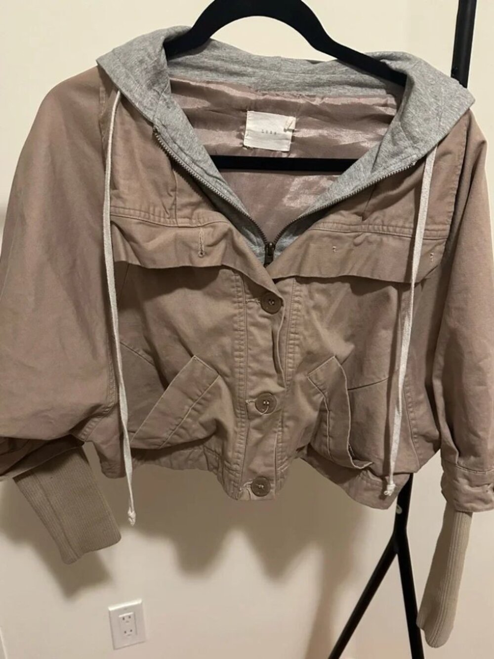 Lush Taupe Cropped Utility Jacket with Hood - Size M